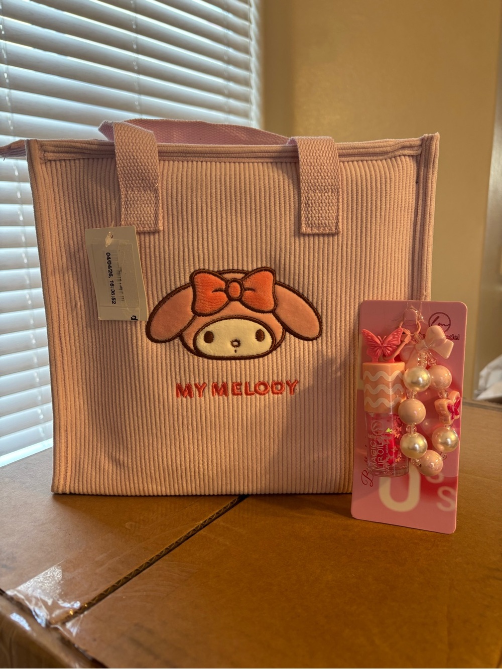 My Melody pink corduroy tote bag with butterfly bag charm lip oil New Sanrio
